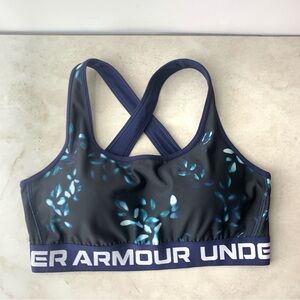 Under Armour Women Size Large Sports Bra Mid Crossback Black Blue Print Pull On